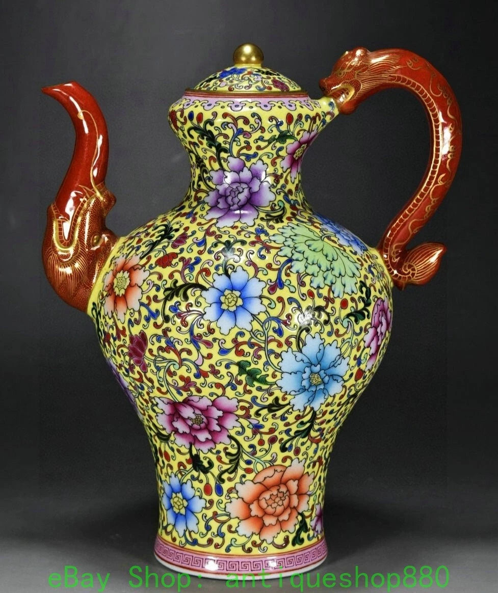 10.6" Yongzheng Enamel Colour Porcelain Gold Dragon Head Wine Tea Pot Flagon-