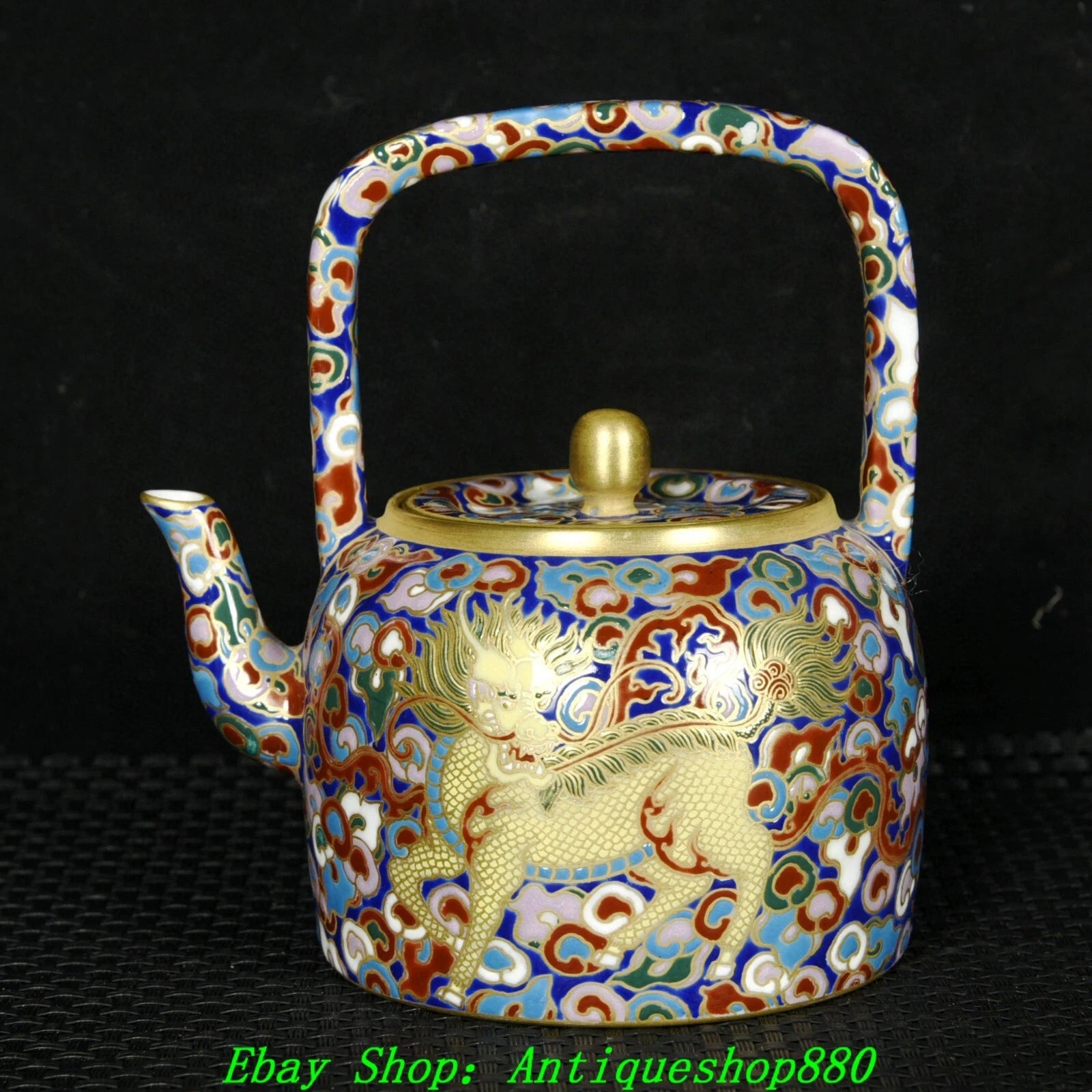 4.9''Qing Qianlong Marked Enamel Colour Porcelain Gold Kylin Wine Tea Pot Flagon-