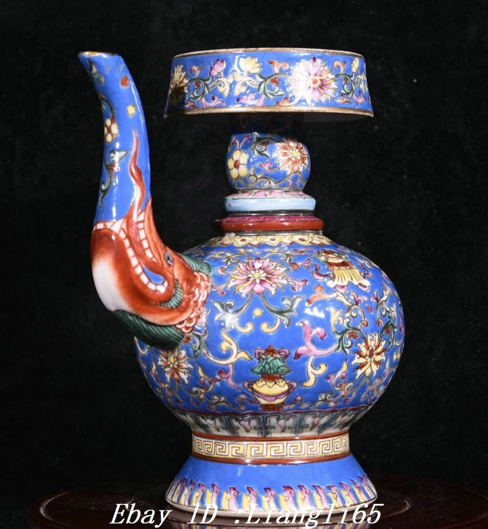 8'' Enamel Colour Porcelain Gilt Dragon Head 8 Auspicious Symbol Tea Pot Flagon-