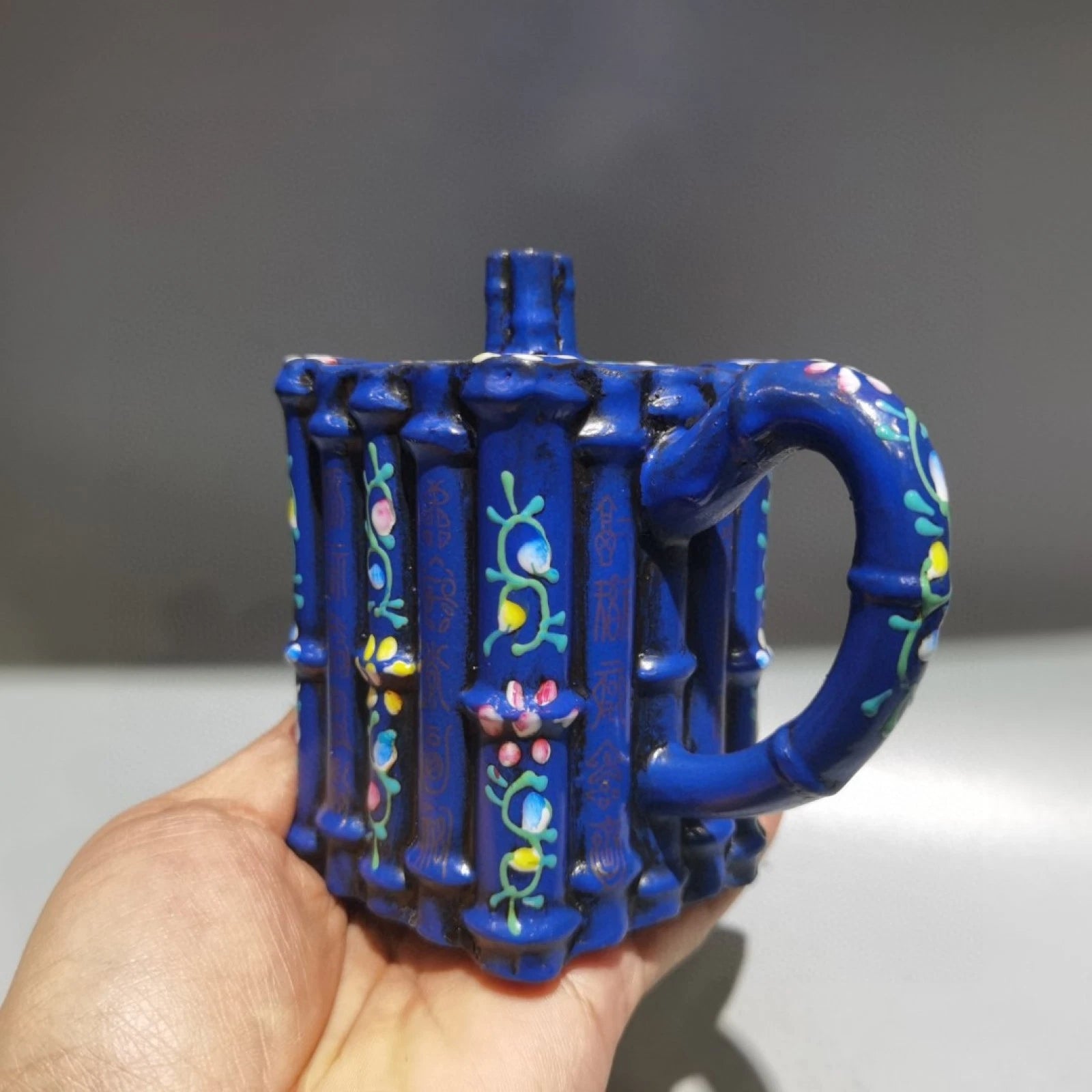 Chinese Clay Pot Purple Sand Fired Bamboo Enamel Square Sculpture Oriental Decor