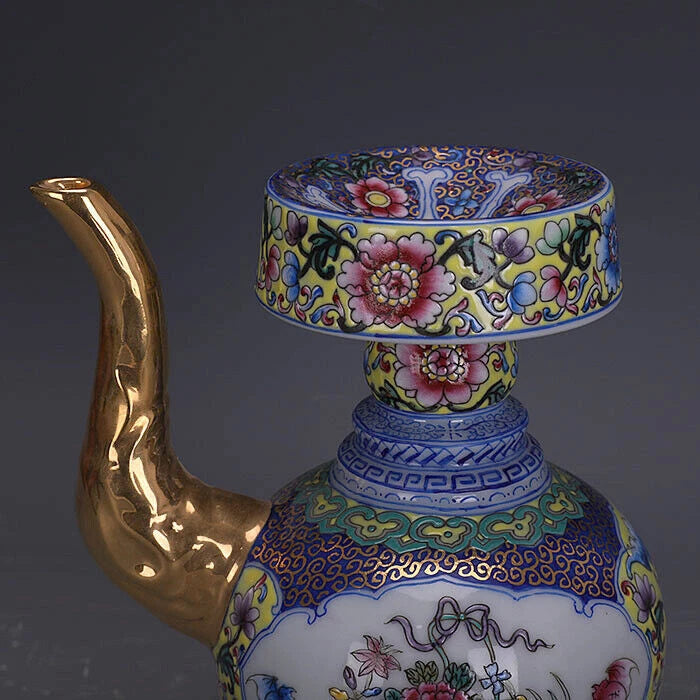 7.7"ChinaColour Enamels Porcelain Gild Embossed Decoration Flowers Plants Kettle