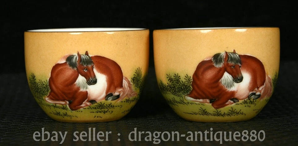 5.6" Old China Yongzheng Marked Colour Enamel Porcelain Horse Teacup Teapot Set