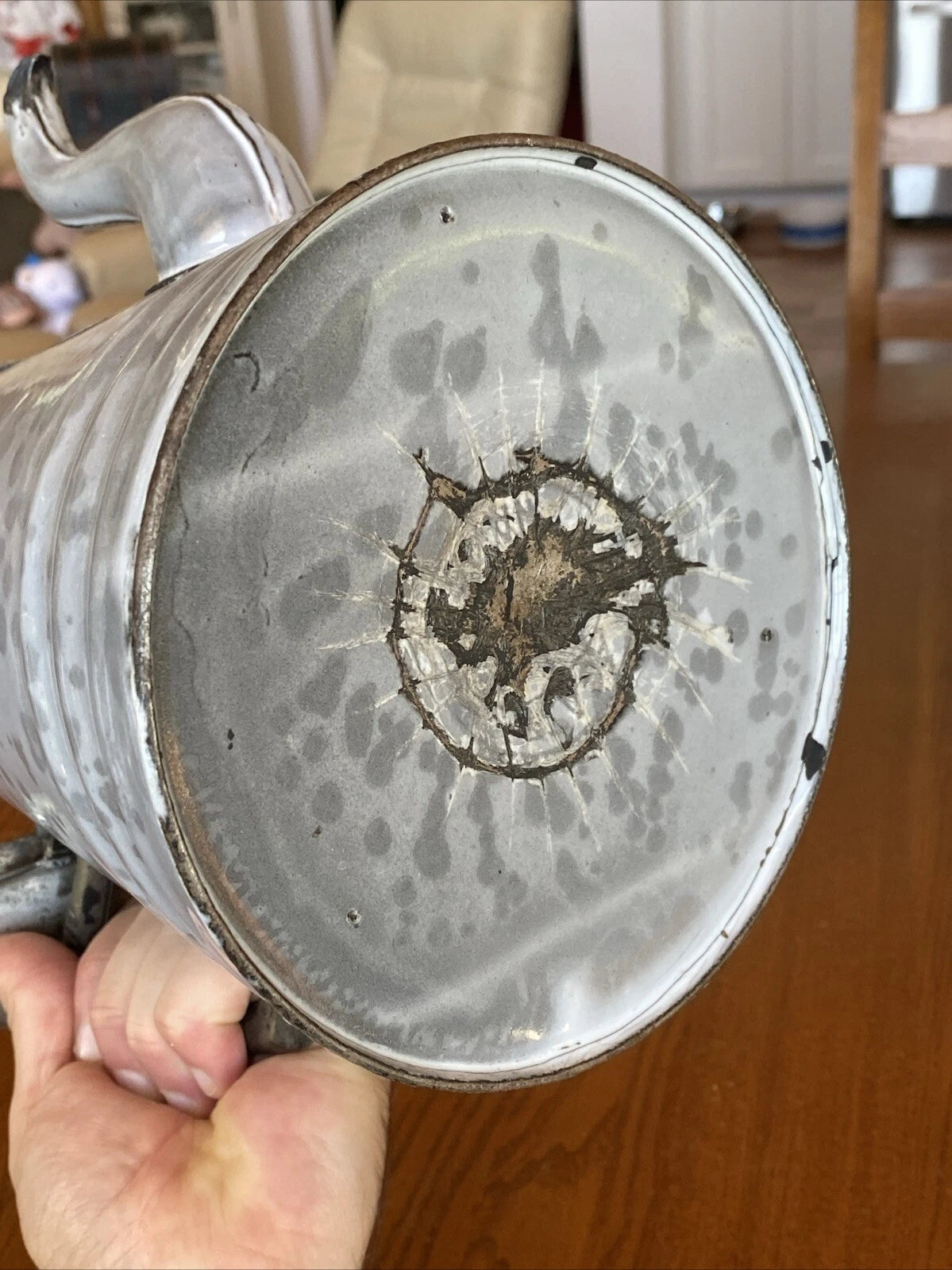 ANTIQUE GREY GRANITEWARE ENAMEL COFFEE TEAPOT IRON HANDLE WOOD KNOB PAT OCT 1889