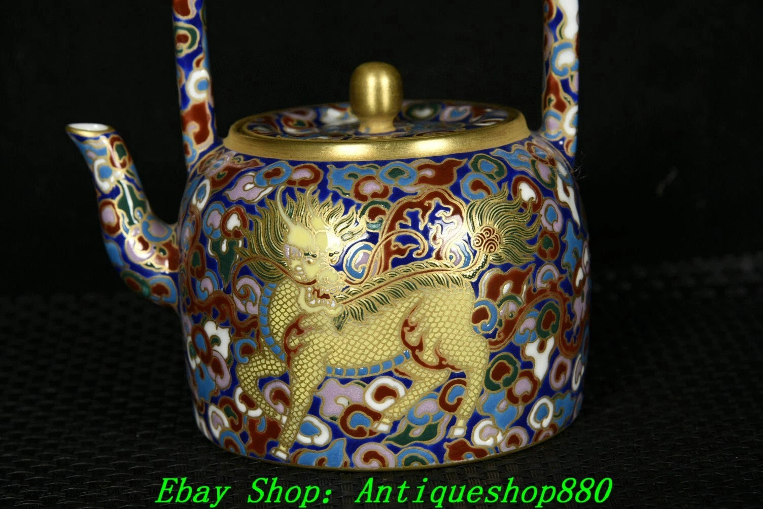 4.9''Qing Qianlong Marked Enamel Colour Porcelain Gold Kylin Wine Tea Pot Flagon-