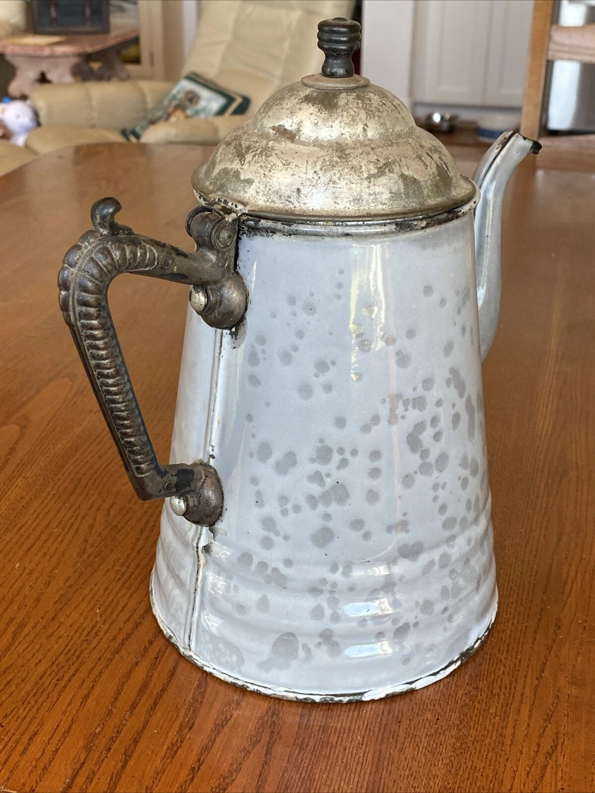 ANTIQUE GREY GRANITEWARE ENAMEL COFFEE TEAPOT IRON HANDLE WOOD KNOB PAT OCT 1889
