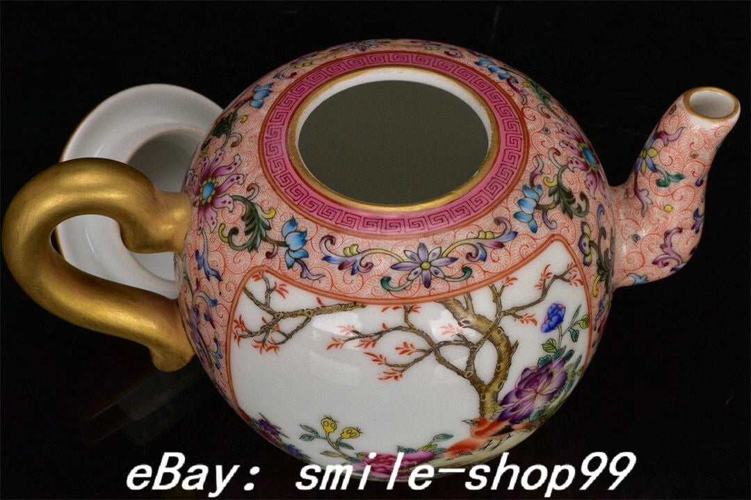 7" Qianlong Dynasty Enamel Colour Porcelain Gilt Fengshui Flower Bird Kettle Pot