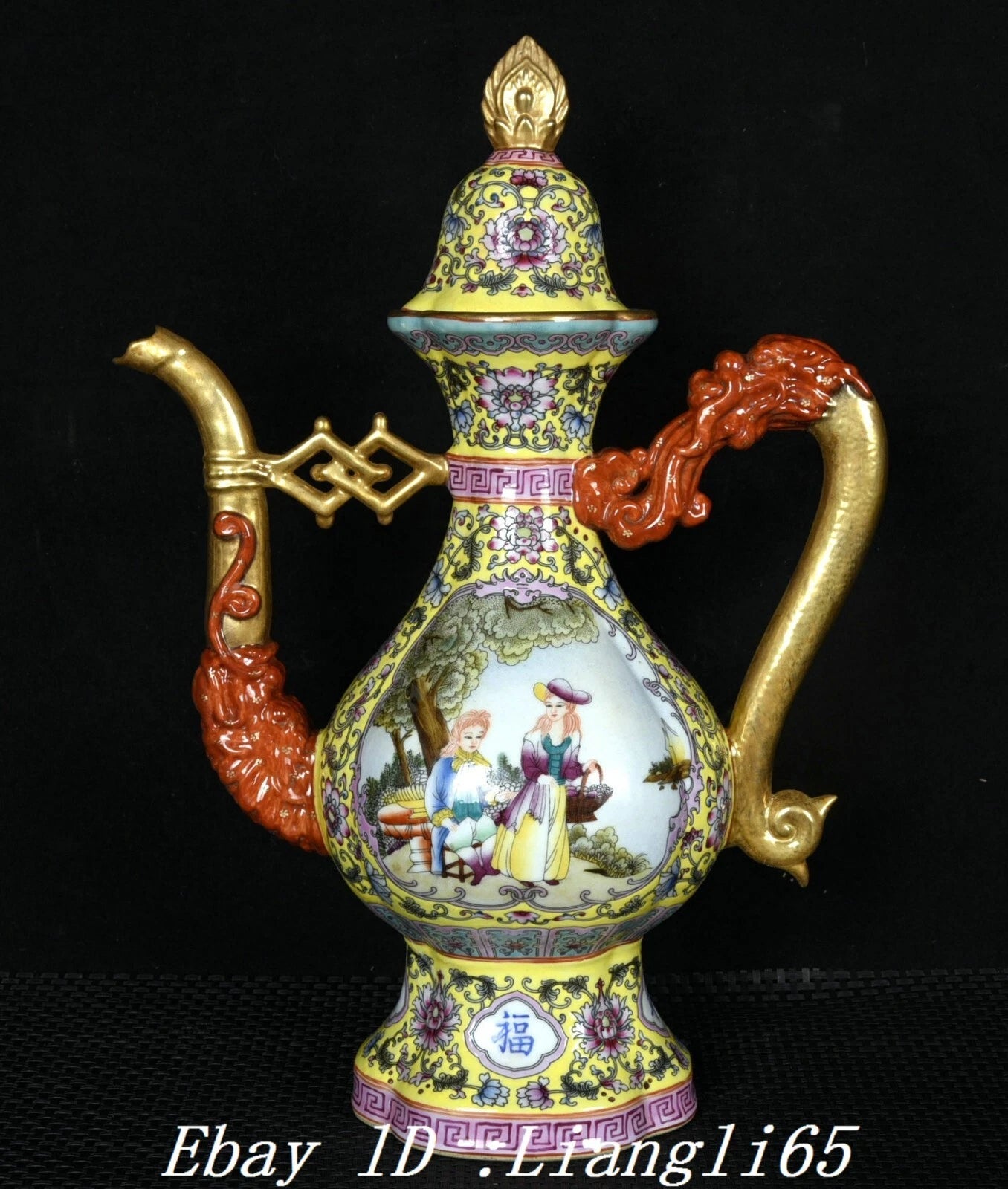 12.5" Qing Enamel Colour Porcelain Gilt Dragon Handle Beauty Wine Tea Pot Flagon-
