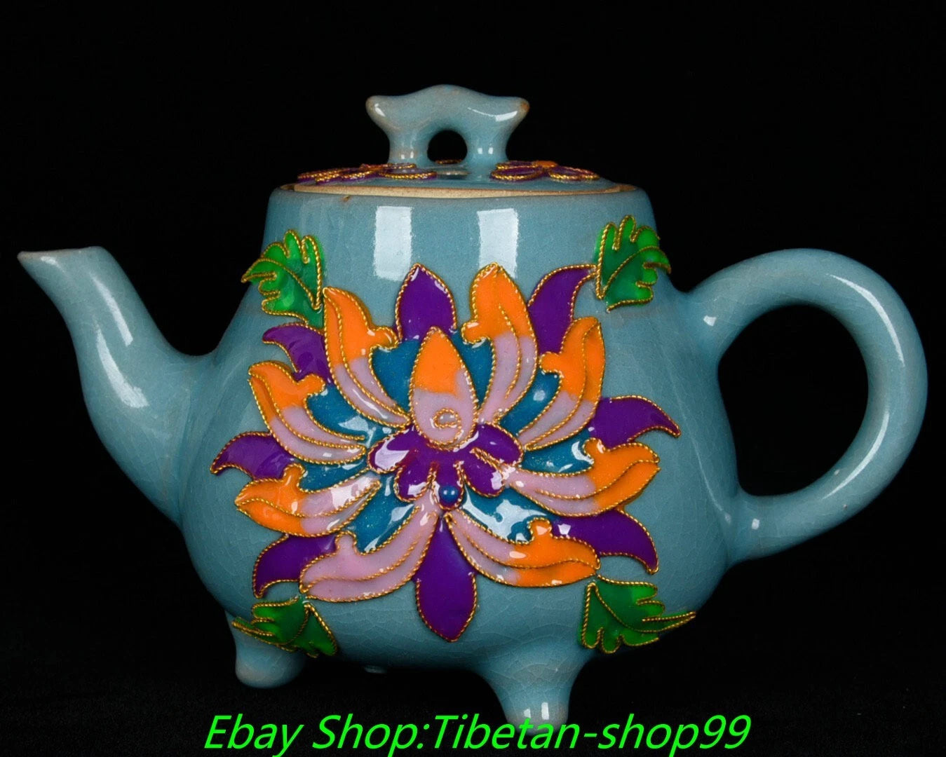 5.7''Old Song Dynasty Ru Kiln Enamel Colour Porcelain 3 leg Wine Tea Pot Flagon