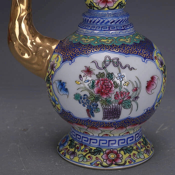 7.7"ChinaColour Enamels Porcelain Gild Embossed Decoration Flowers Plants Kettle