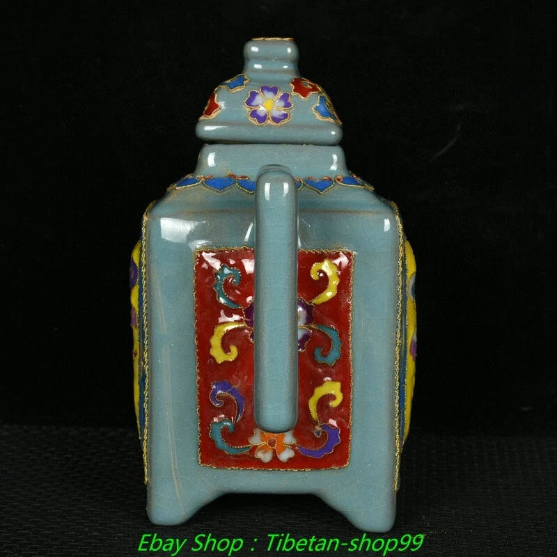 7''Old Song Ru Kiln Enamel Colour Porcelain Crane Wine Cup Tea Pot Flagon Set