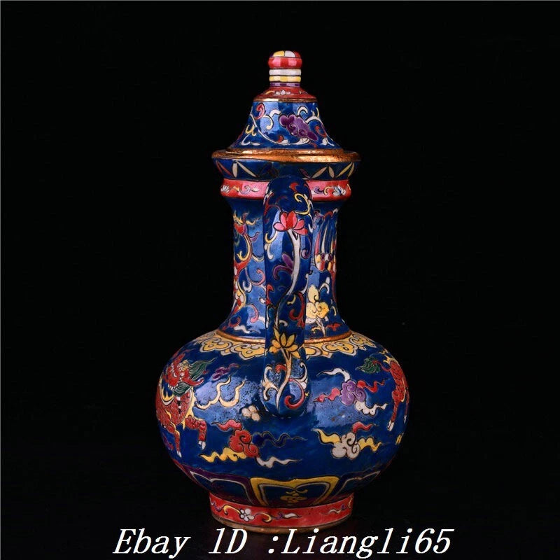 12.5" Enamel Colour Porcelain Gilt Kylin Kirin Phoenix Birds Wine Tea Pot Flagon-