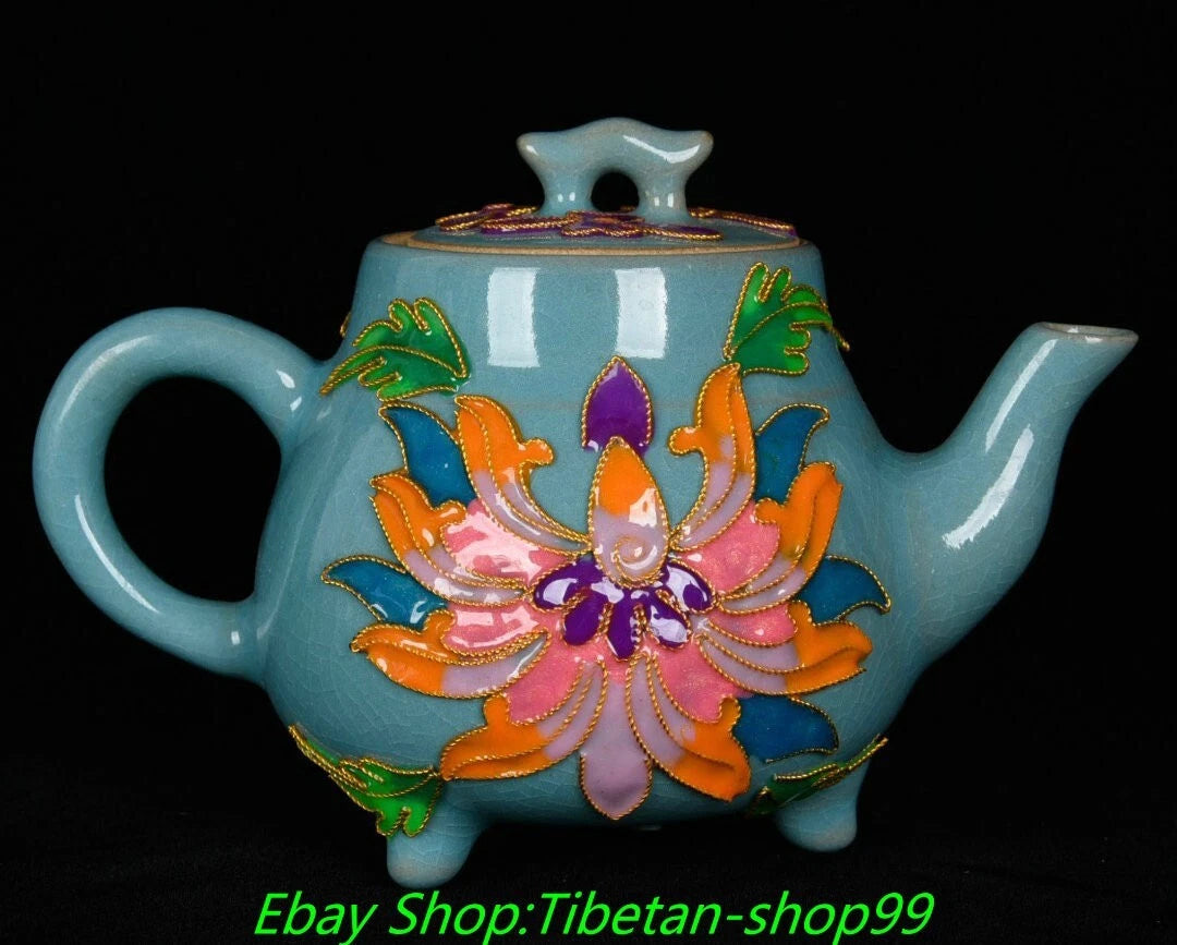 5.7''Old Song Dynasty Ru Kiln Enamel Colour Porcelain 3 leg Wine Tea Pot Flagon