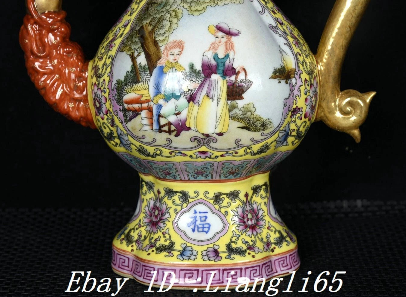 12.5" Qing Enamel Colour Porcelain Gilt Dragon Handle Beauty Wine Tea Pot Flagon-