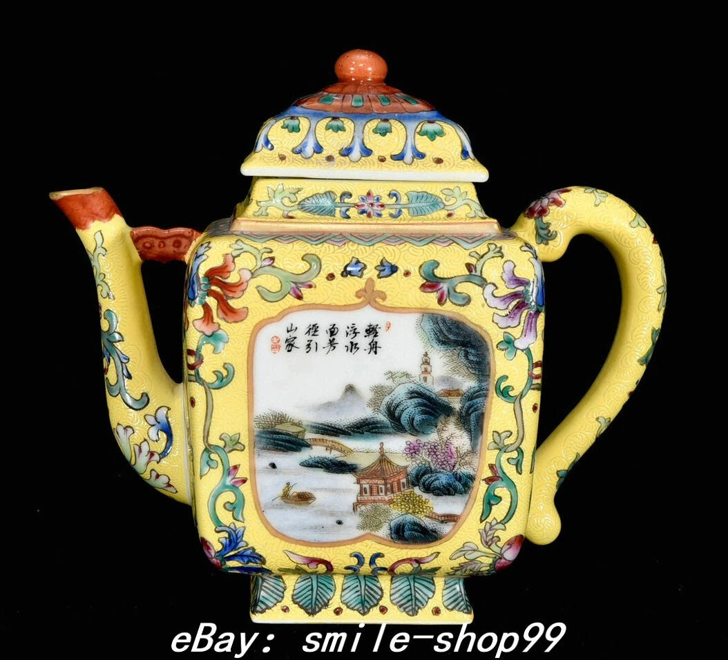 7" Yongzheng Dynasty Enamel Colour Porcelain Gilt Fengshui landscape Kettle Pot