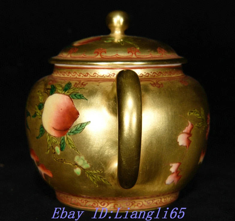5.9" Old Qing Dynasty Enamel Colour Porcelain Gilt Peach Wine Tea Pot Flagon-