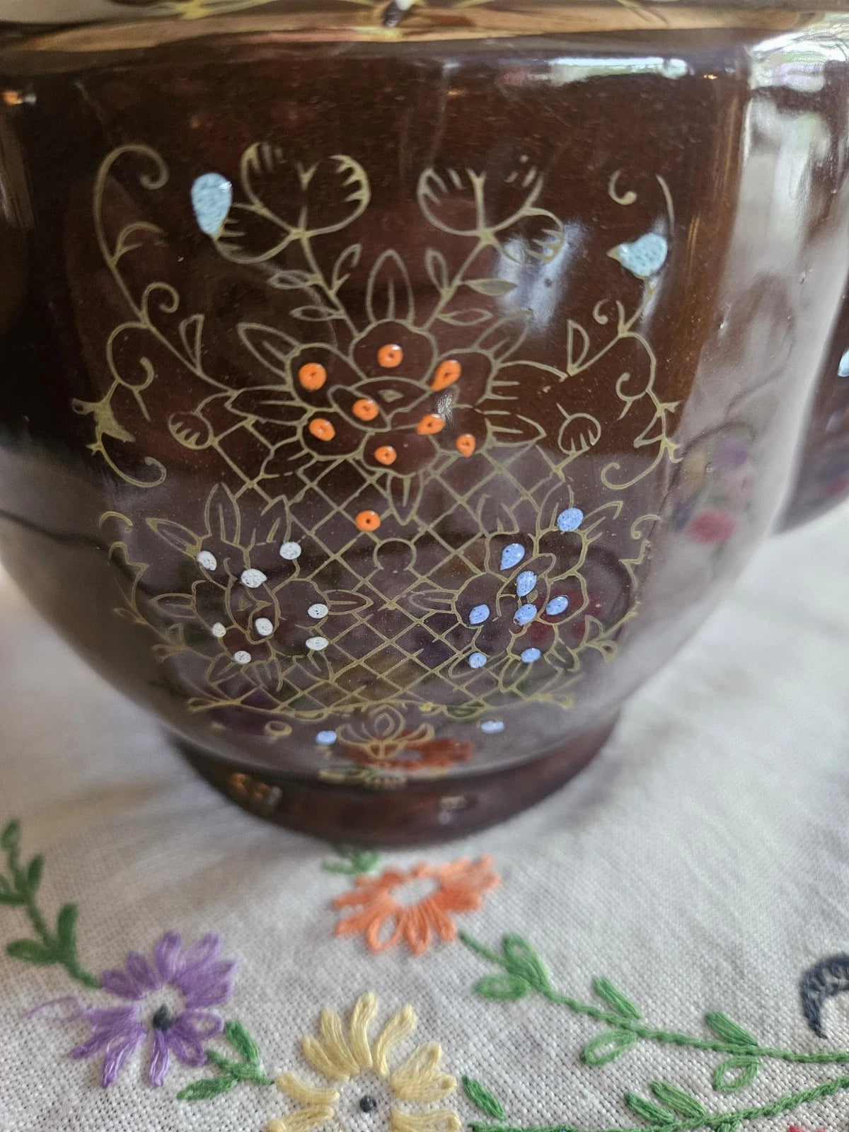 Brown Betty 1950s Ceramic Teapot Moriage Enamel Hand Painted Redware Japan VTG