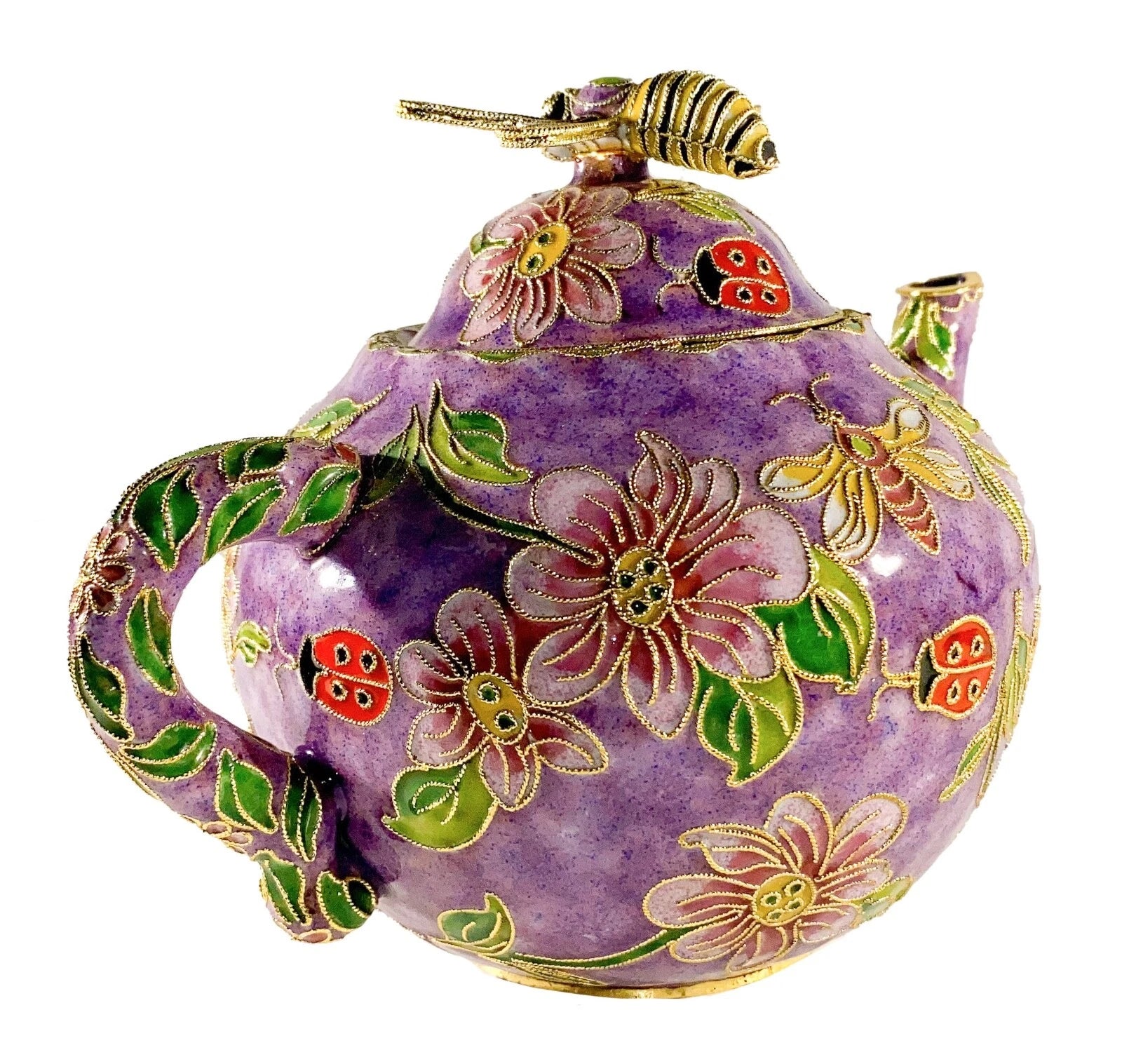Bumblebee Ladybug Cloisonne Enamel Teapot Purple Floral Accents VintageTea Pot