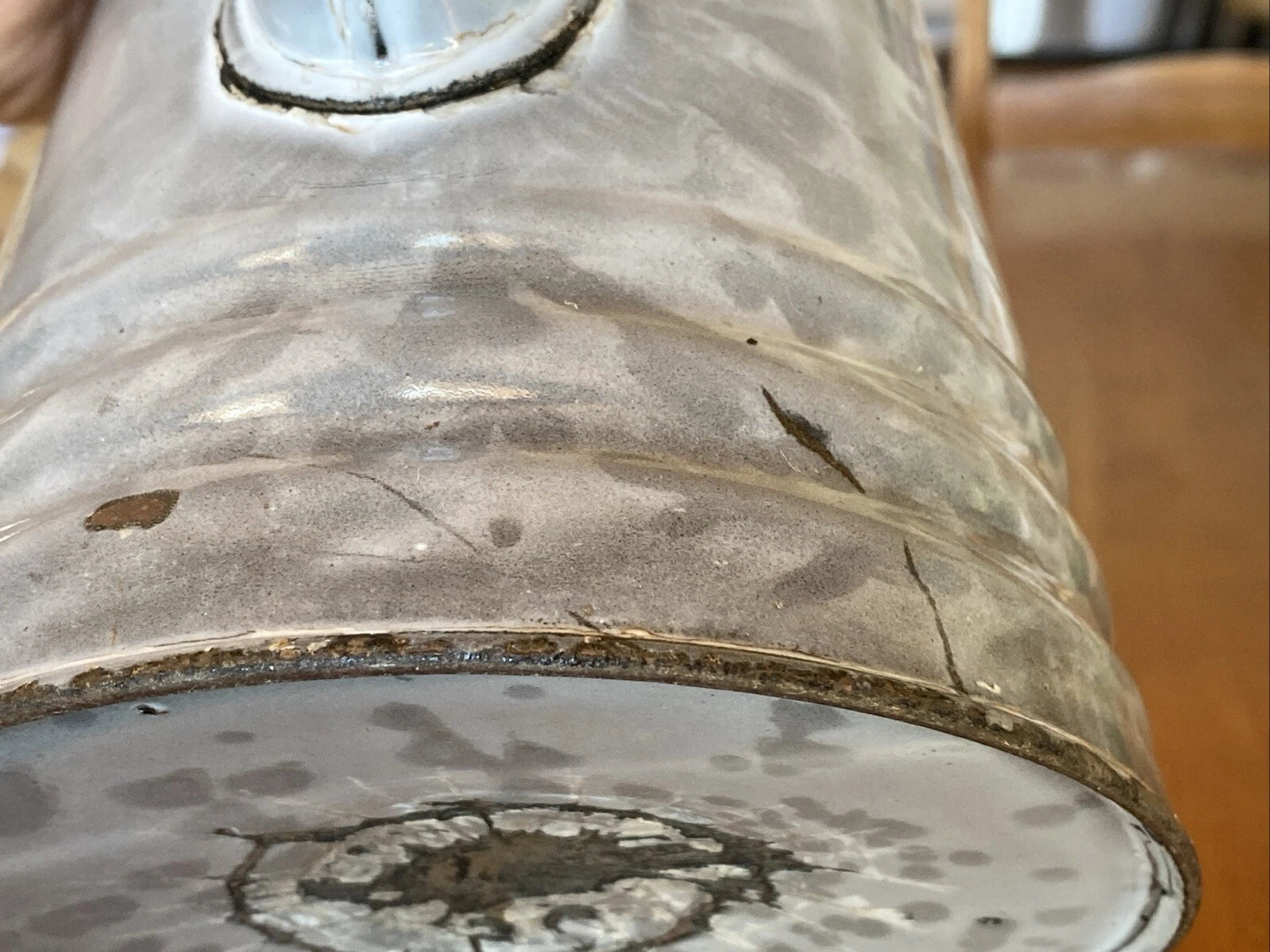 ANTIQUE GREY GRANITEWARE ENAMEL COFFEE TEAPOT IRON HANDLE WOOD KNOB PAT OCT 1889