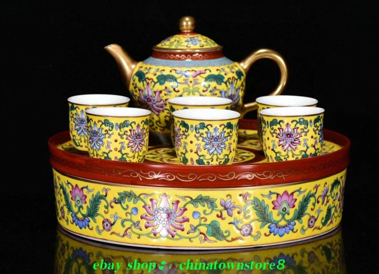 9''Old Enamel Colour Porcelain Gold Cup Mug Glass Wine Tea Pot Flagon Plate Set