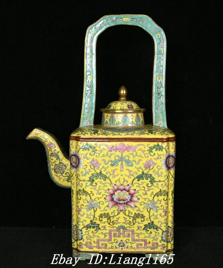 16.3'' Old Qing Yongzheng Enamel Colour Porcelain Gold Peony Teapot Teakettle-