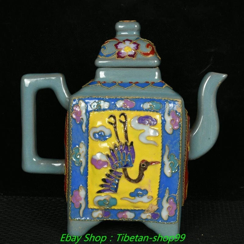 7''Old Song Ru Kiln Enamel Colour Porcelain Crane Wine Cup Tea Pot Flagon Set