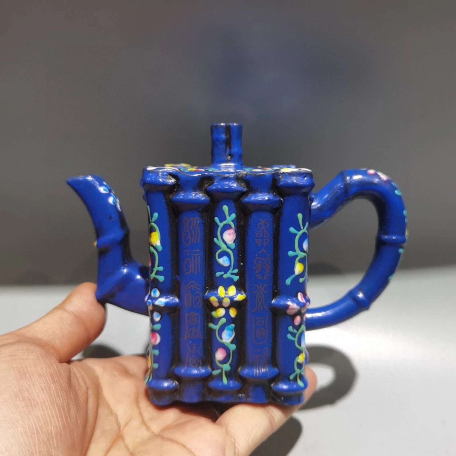 Chinese Clay Pot Purple Sand Fired Bamboo Enamel Square Sculpture Oriental Decor