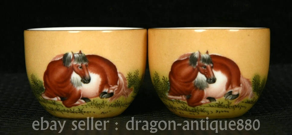 5.6" Old China Yongzheng Marked Colour Enamel Porcelain Horse Teacup Teapot Set