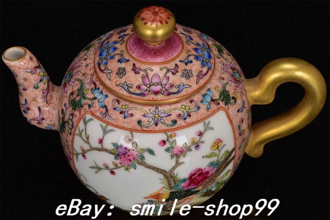 7" Qianlong Dynasty Enamel Colour Porcelain Gilt Fengshui Flower Bird Kettle Pot