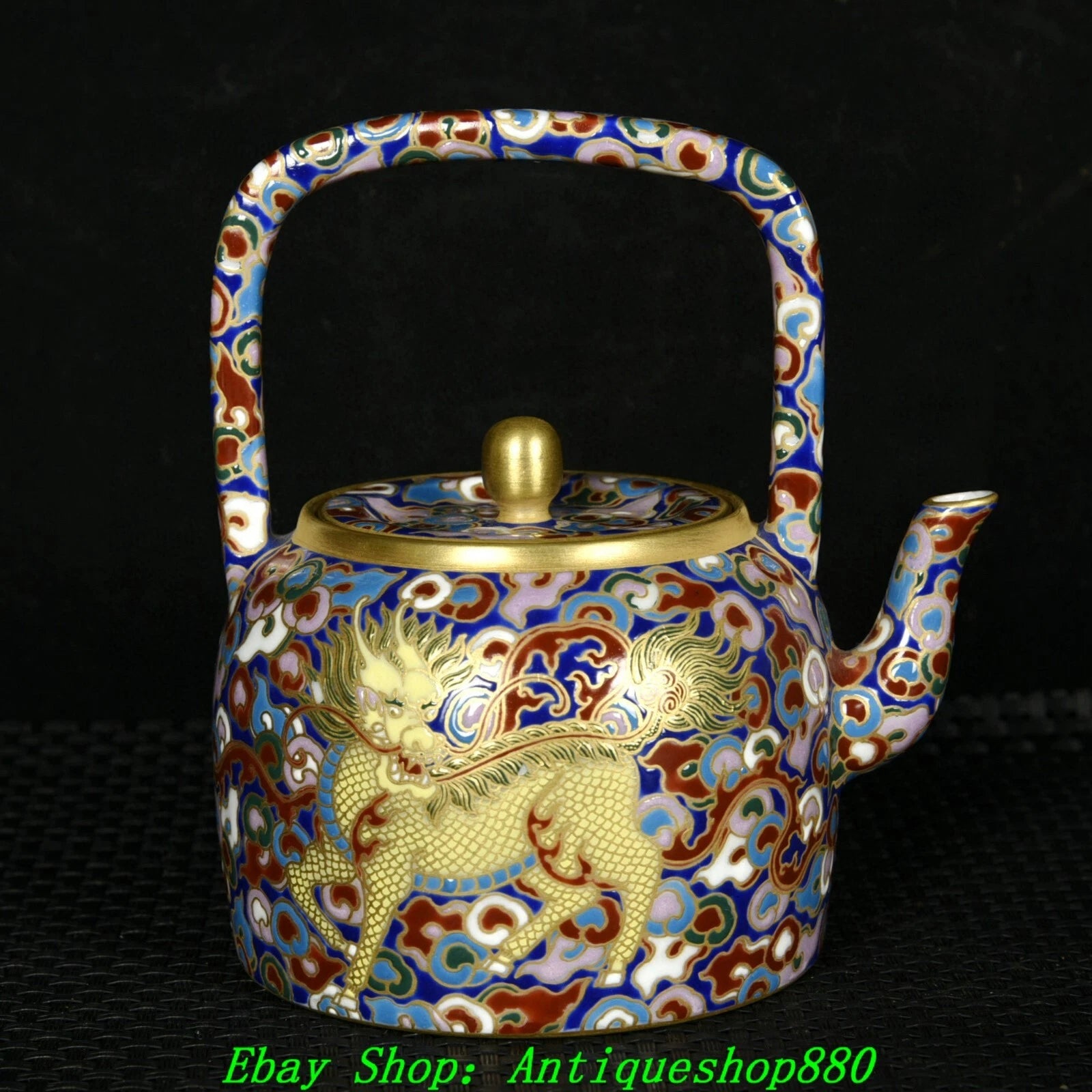 4.9''Qing Qianlong Marked Enamel Colour Porcelain Gold Kylin Wine Tea Pot Flagon-