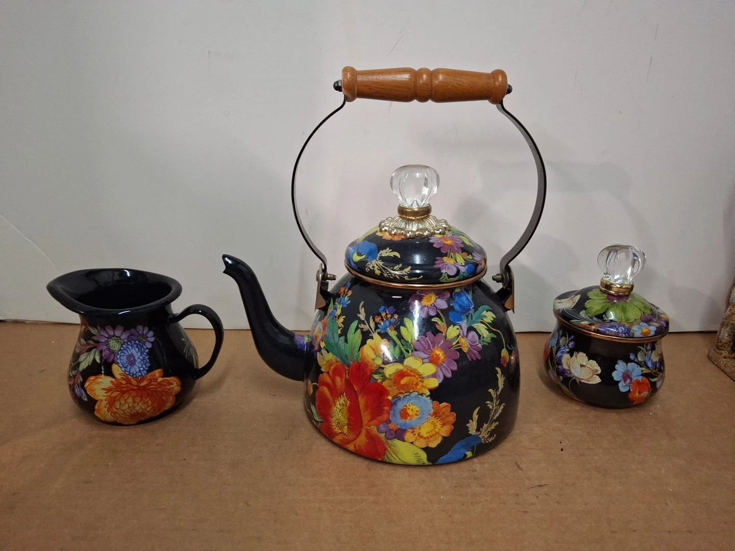 3 PIECE SET - MacKENZIE CHILDS BLACK FLOWER MARKET TEA KETTLE + Creamer Sugar
