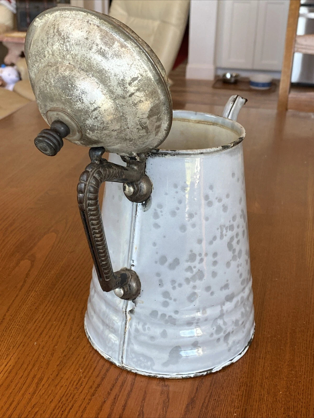 ANTIQUE GREY GRANITEWARE ENAMEL COFFEE TEAPOT IRON HANDLE WOOD KNOB PAT OCT 1889