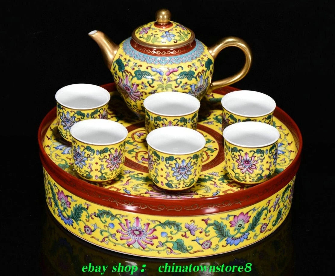 9''Old Enamel Colour Porcelain Gold Cup Mug Glass Wine Tea Pot Flagon Plate Set