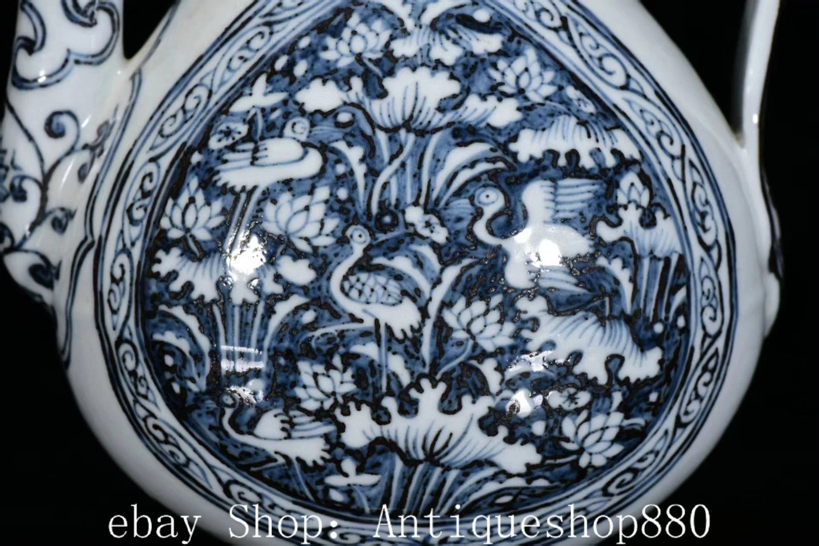 10.2" Ming Hong Wu Year Blue White Porcelain Crane Birds Wine Tea Pot Flagon