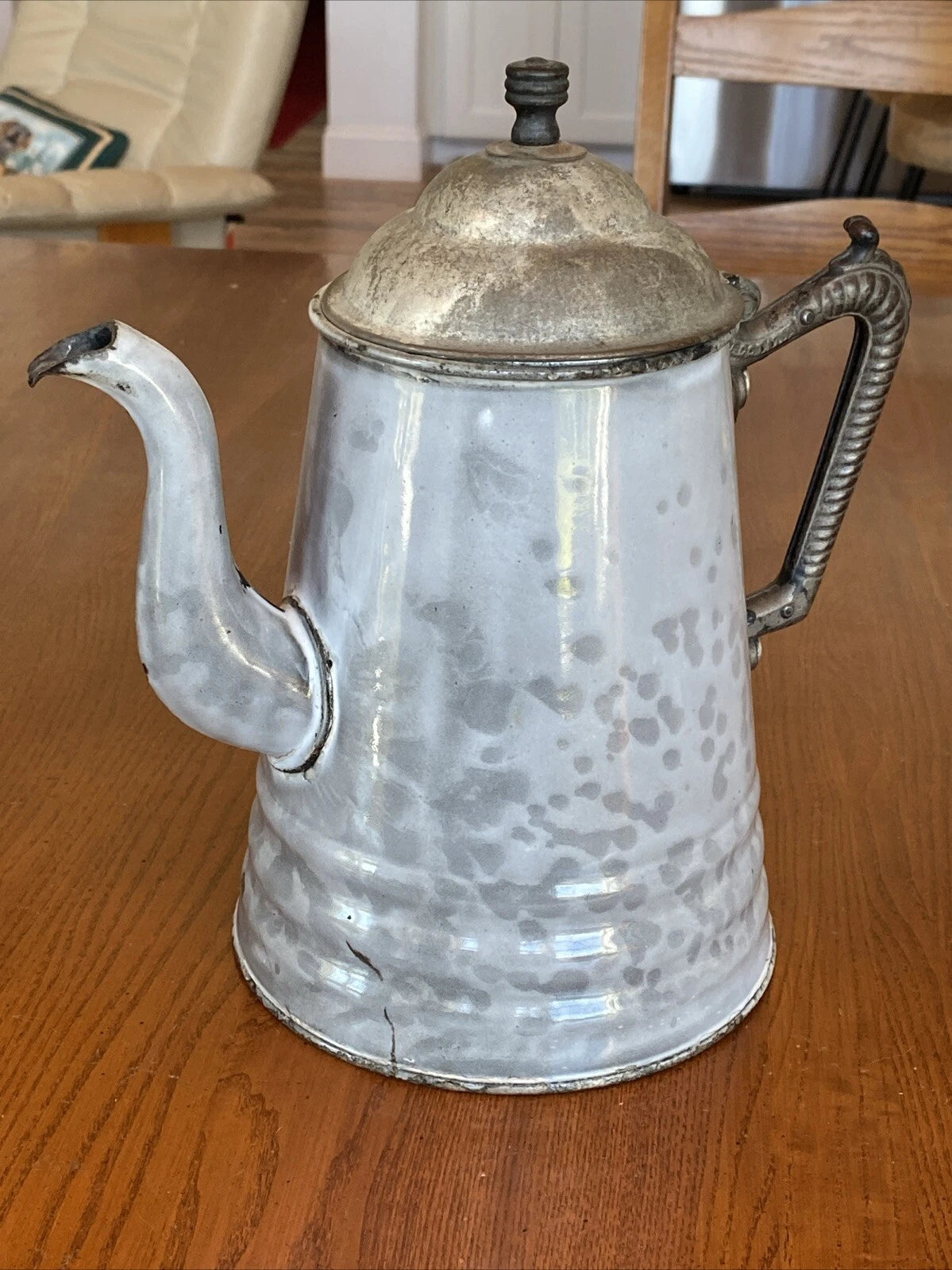 ANTIQUE GREY GRANITEWARE ENAMEL COFFEE TEAPOT IRON HANDLE WOOD KNOB PAT OCT 1889