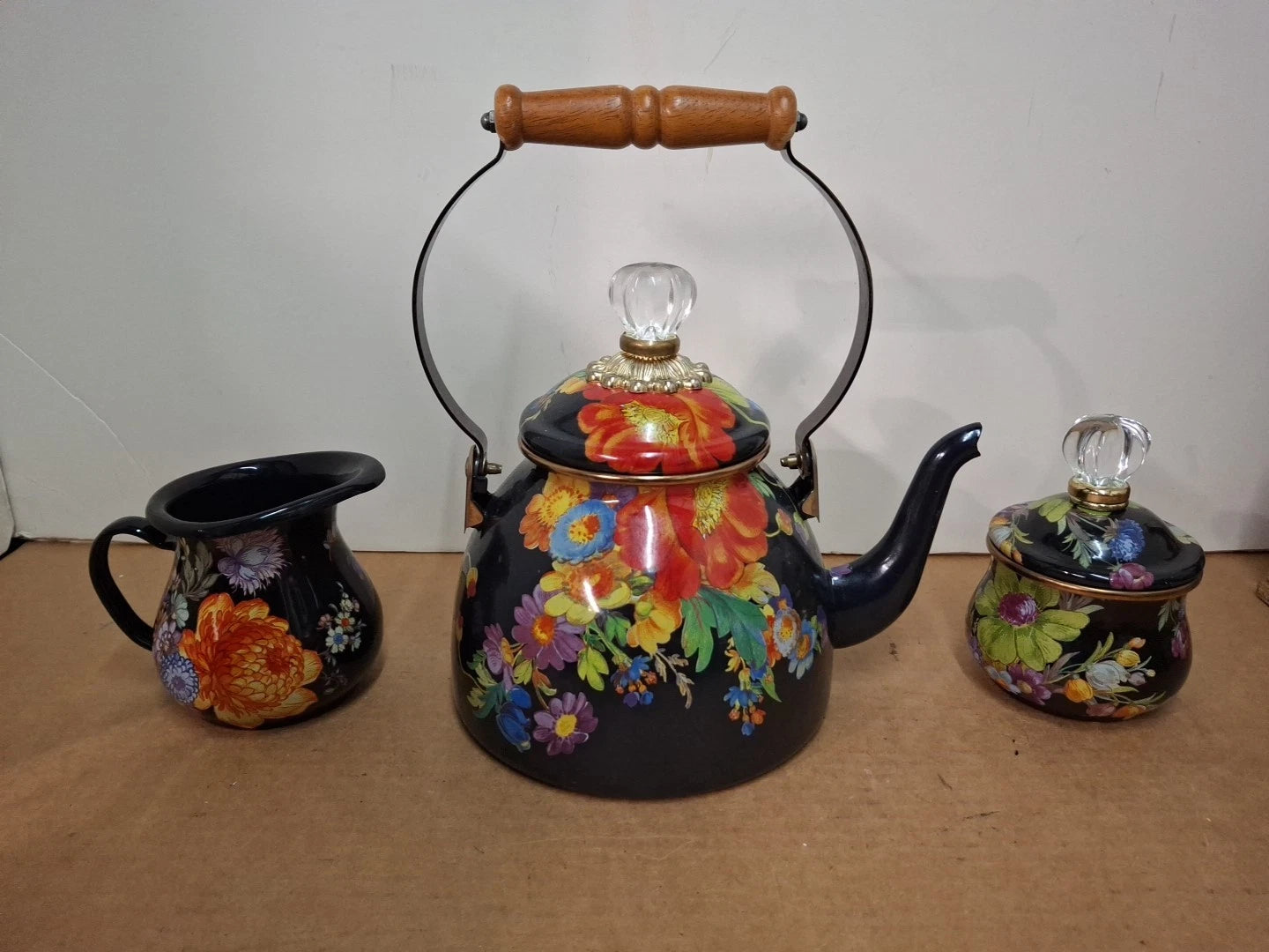 3 PIECE SET - MacKENZIE CHILDS BLACK FLOWER MARKET TEA KETTLE + Creamer Sugar