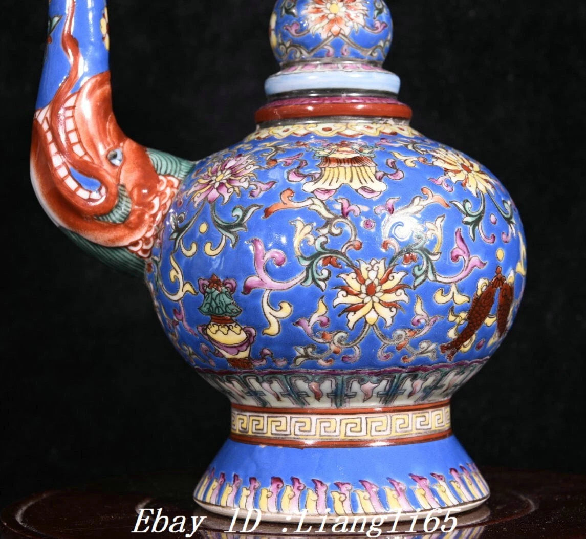 8'' Enamel Colour Porcelain Gilt Dragon Head 8 Auspicious Symbol Tea Pot Flagon-