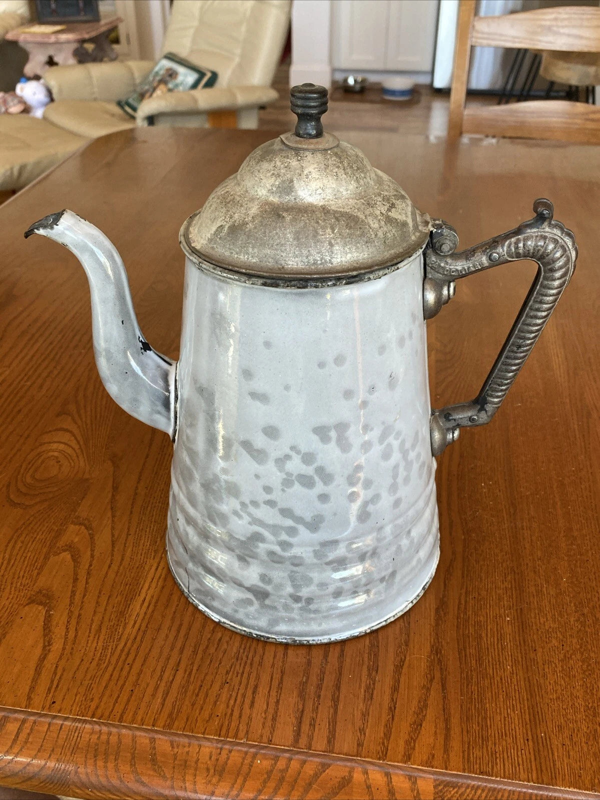 ANTIQUE GREY GRANITEWARE ENAMEL COFFEE TEAPOT IRON HANDLE WOOD KNOB PAT OCT 1889