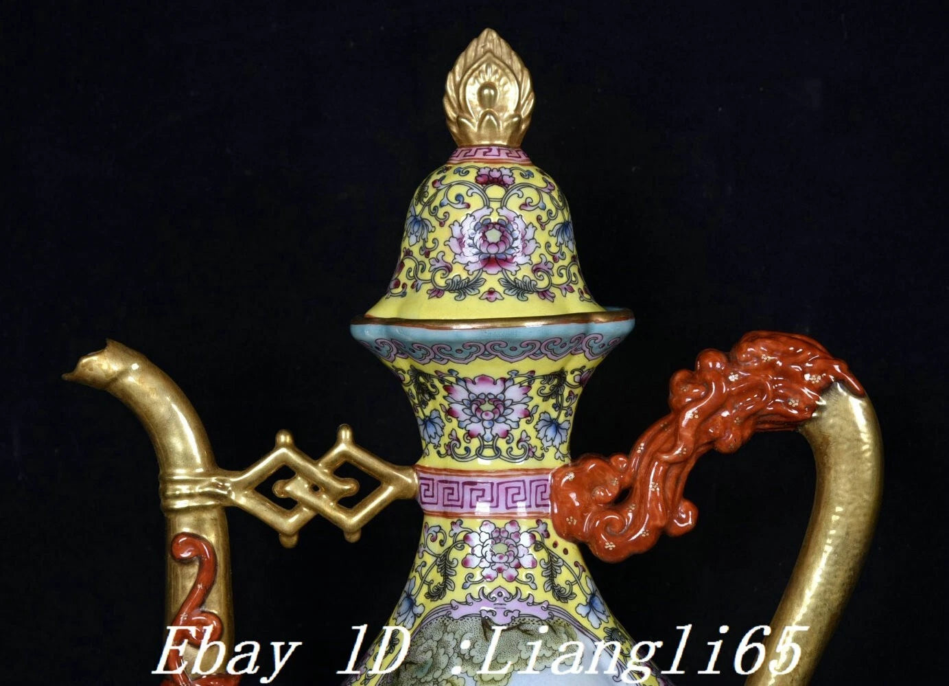 12.5" Qing Enamel Colour Porcelain Gilt Dragon Handle Beauty Wine Tea Pot Flagon-