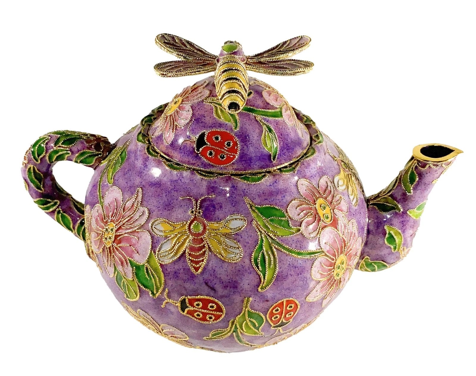 Bumblebee Ladybug Cloisonne Enamel Teapot Purple Floral Accents VintageTea Pot