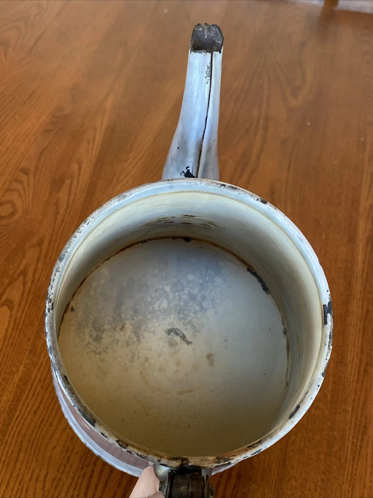 ANTIQUE GREY GRANITEWARE ENAMEL COFFEE TEAPOT IRON HANDLE WOOD KNOB PAT OCT 1889