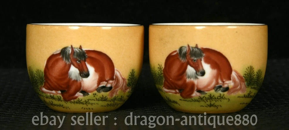 5.6" Old China Yongzheng Marked Colour Enamel Porcelain Horse Teacup Teapot Set