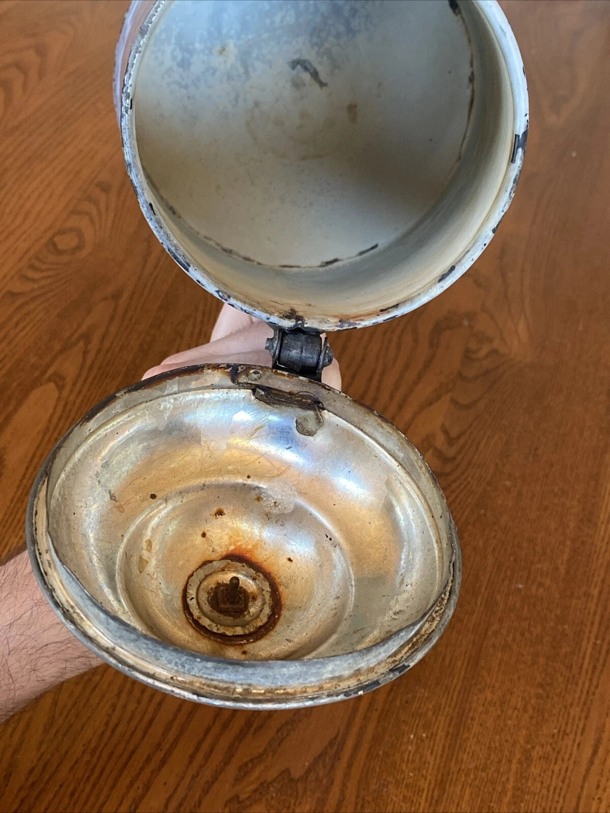 ANTIQUE GREY GRANITEWARE ENAMEL COFFEE TEAPOT IRON HANDLE WOOD KNOB PAT OCT 1889