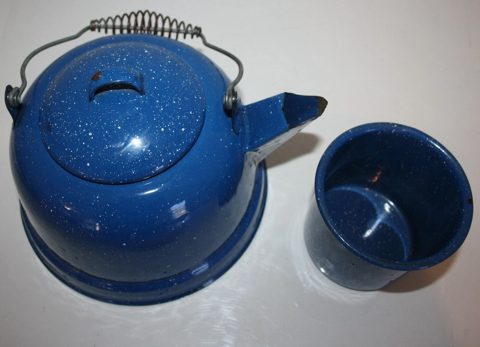 Blue Speckled Enamelware 10 Cup Coffee Teapot and Cup