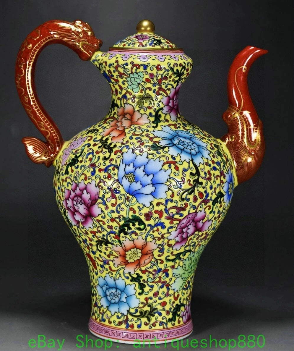 10.6" Yongzheng Enamel Colour Porcelain Gold Dragon Head Wine Tea Pot Flagon-