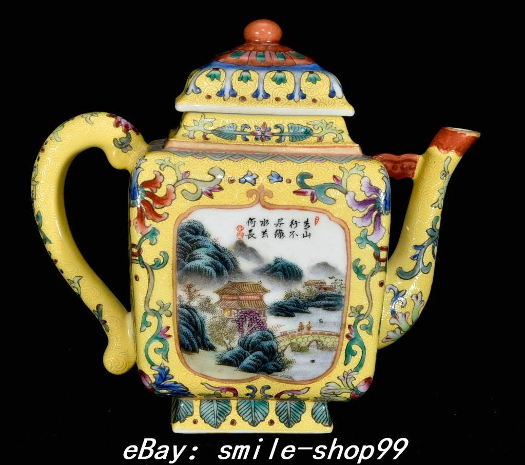 7" Yongzheng Dynasty Enamel Colour Porcelain Gilt Fengshui landscape Kettle Pot