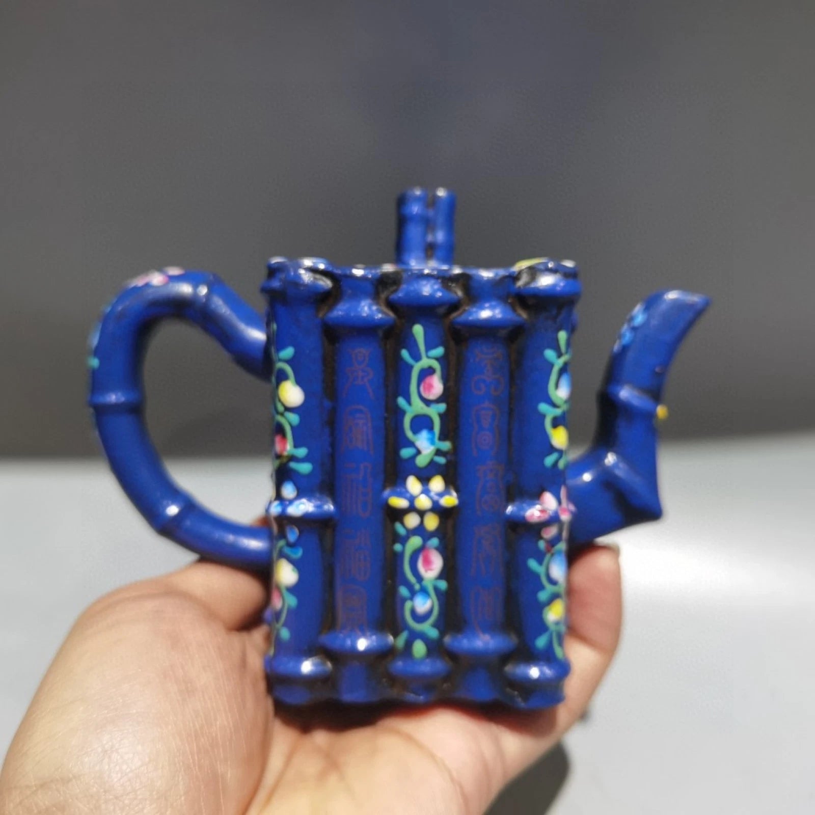 Chinese Clay Pot Purple Sand Fired Bamboo Enamel Square Sculpture Oriental Decor