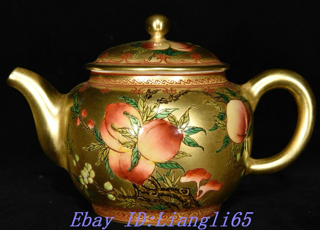 5.9" Old Qing Dynasty Enamel Colour Porcelain Gilt Peach Wine Tea Pot Flagon-