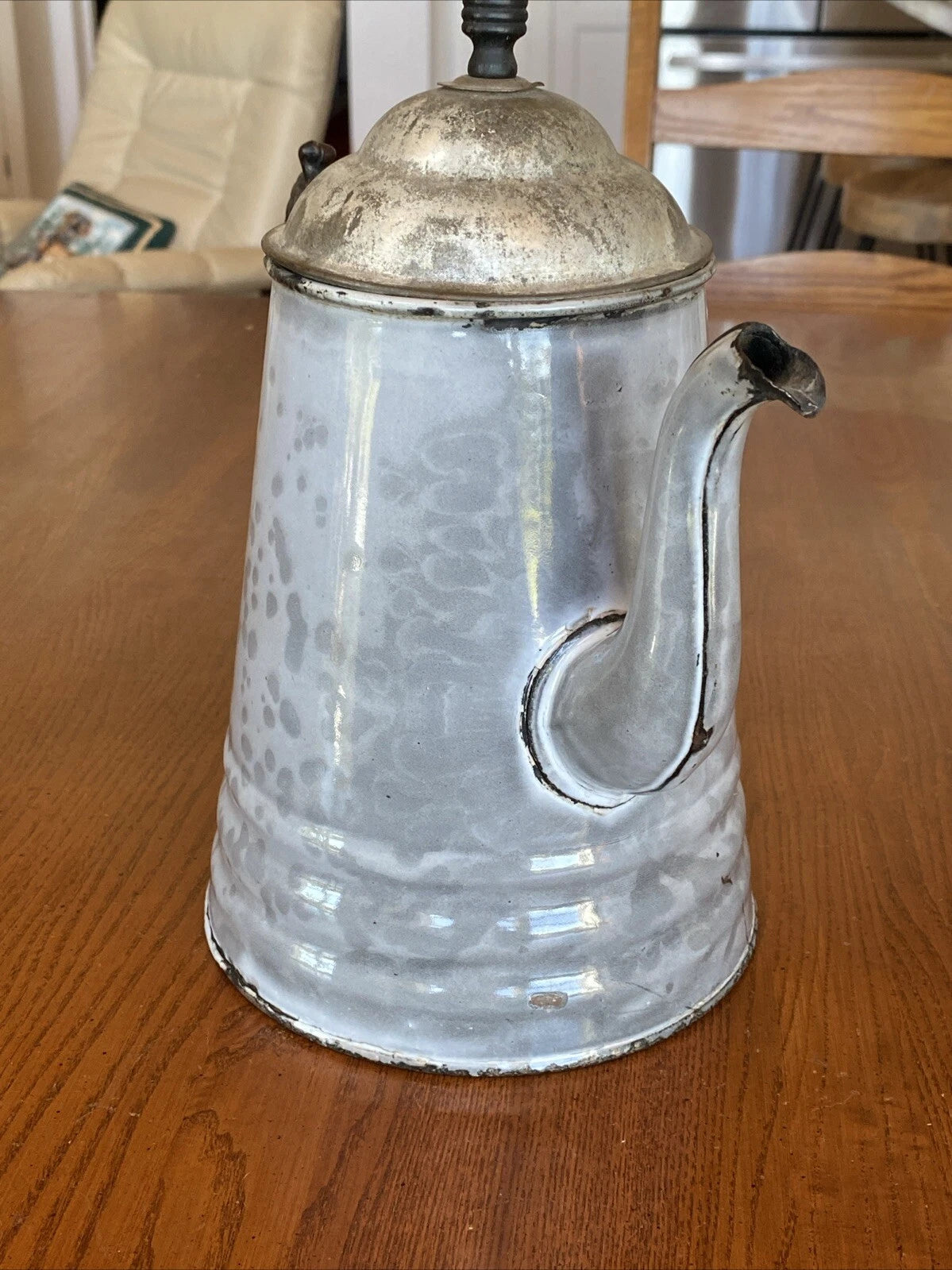 ANTIQUE GREY GRANITEWARE ENAMEL COFFEE TEAPOT IRON HANDLE WOOD KNOB PAT OCT 1889