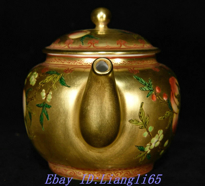 5.9" Old Qing Dynasty Enamel Colour Porcelain Gilt Peach Wine Tea Pot Flagon-
