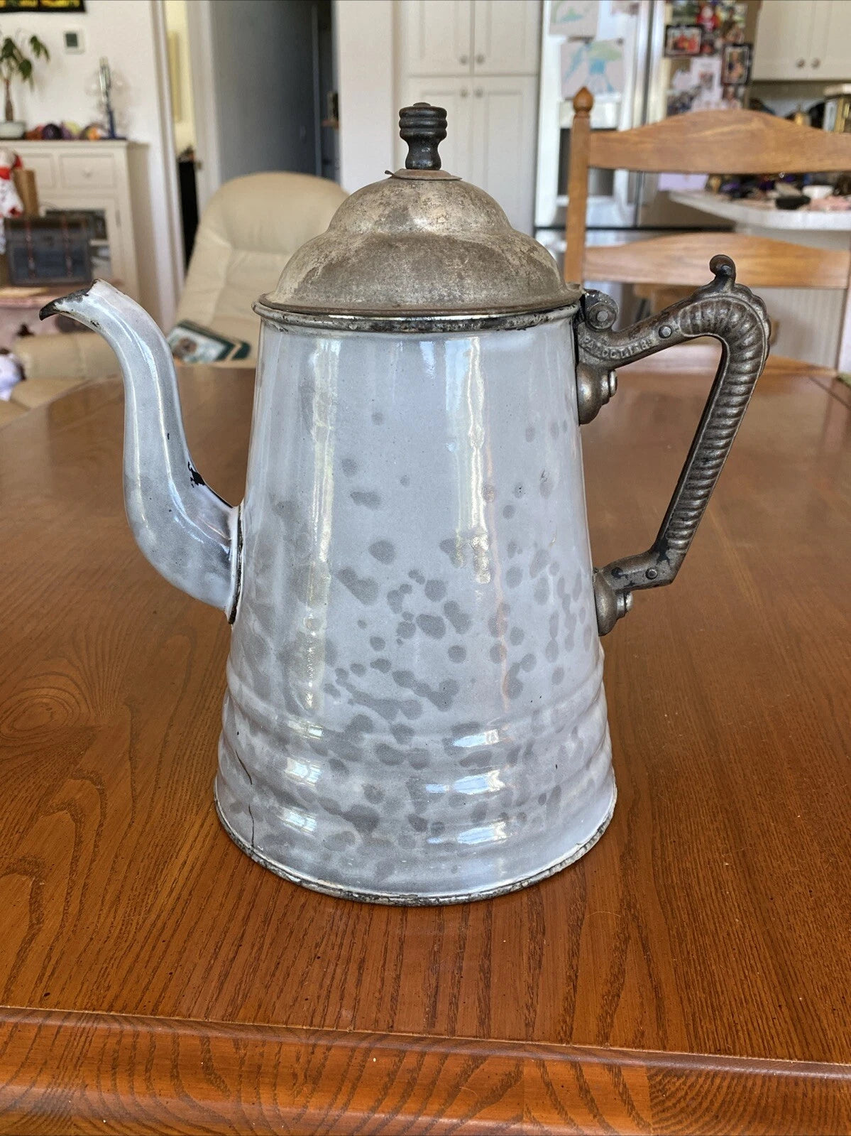 ANTIQUE GREY GRANITEWARE ENAMEL COFFEE TEAPOT IRON HANDLE WOOD KNOB PAT OCT 1889